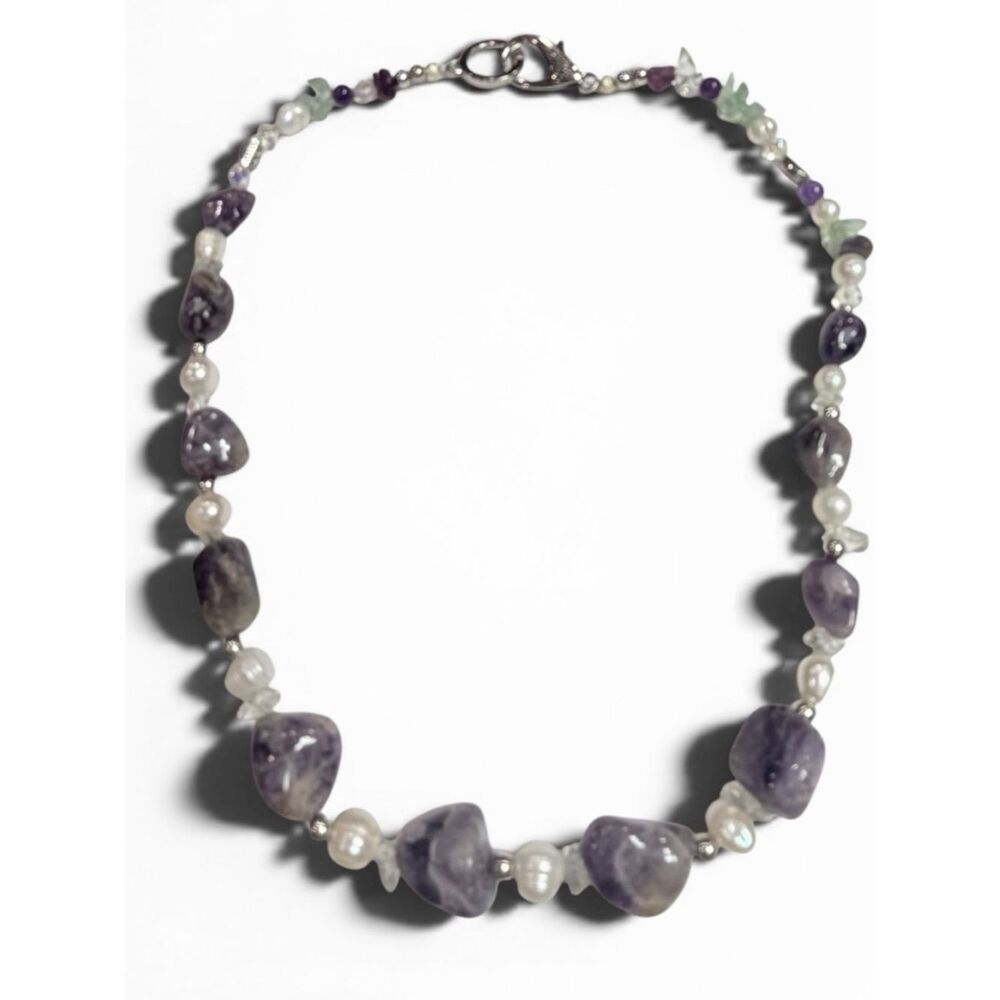 Handmade Chunky Polished Amethyst, Genuine Pearl, Flourite Nugget Beads 22”